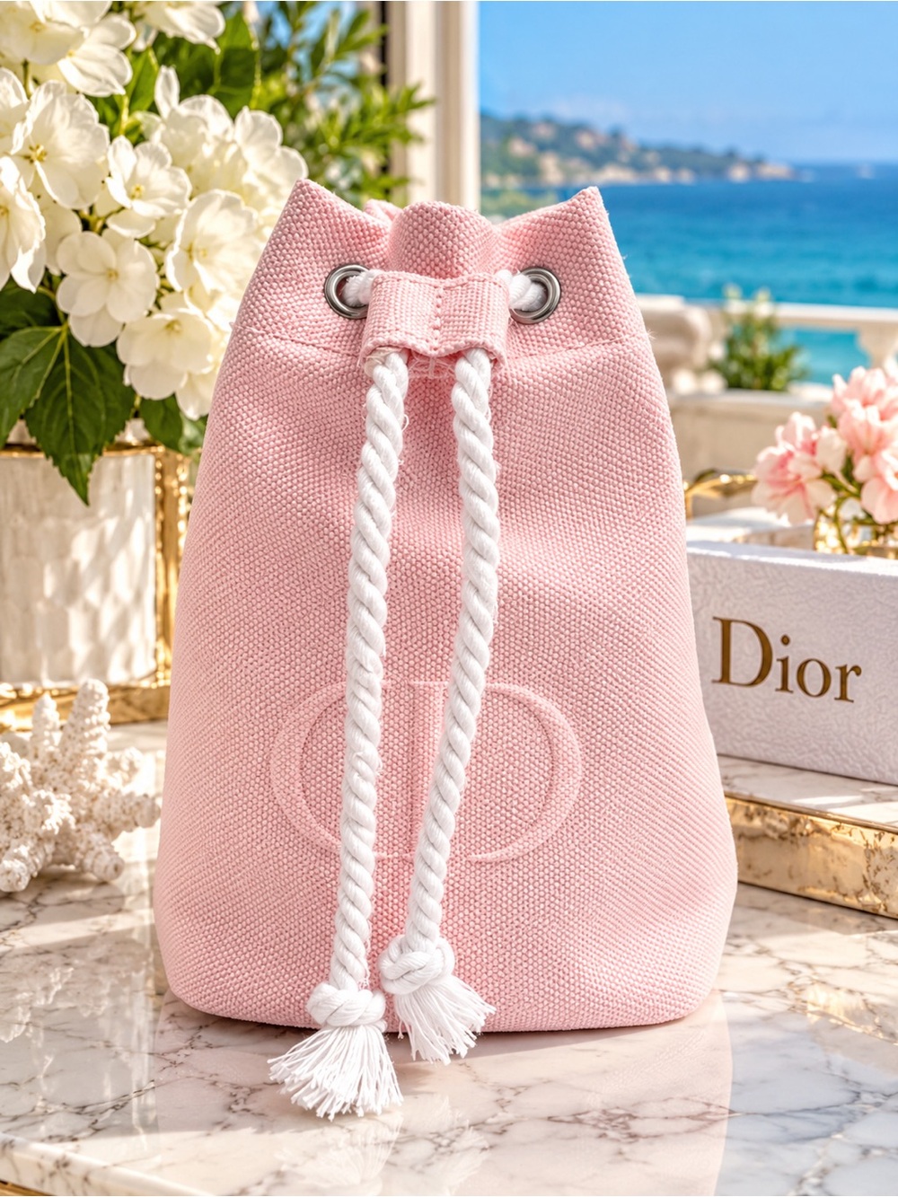Dior Beauty Pink Canvas Drawstring Cosmetic Pouch GWP CD Logo